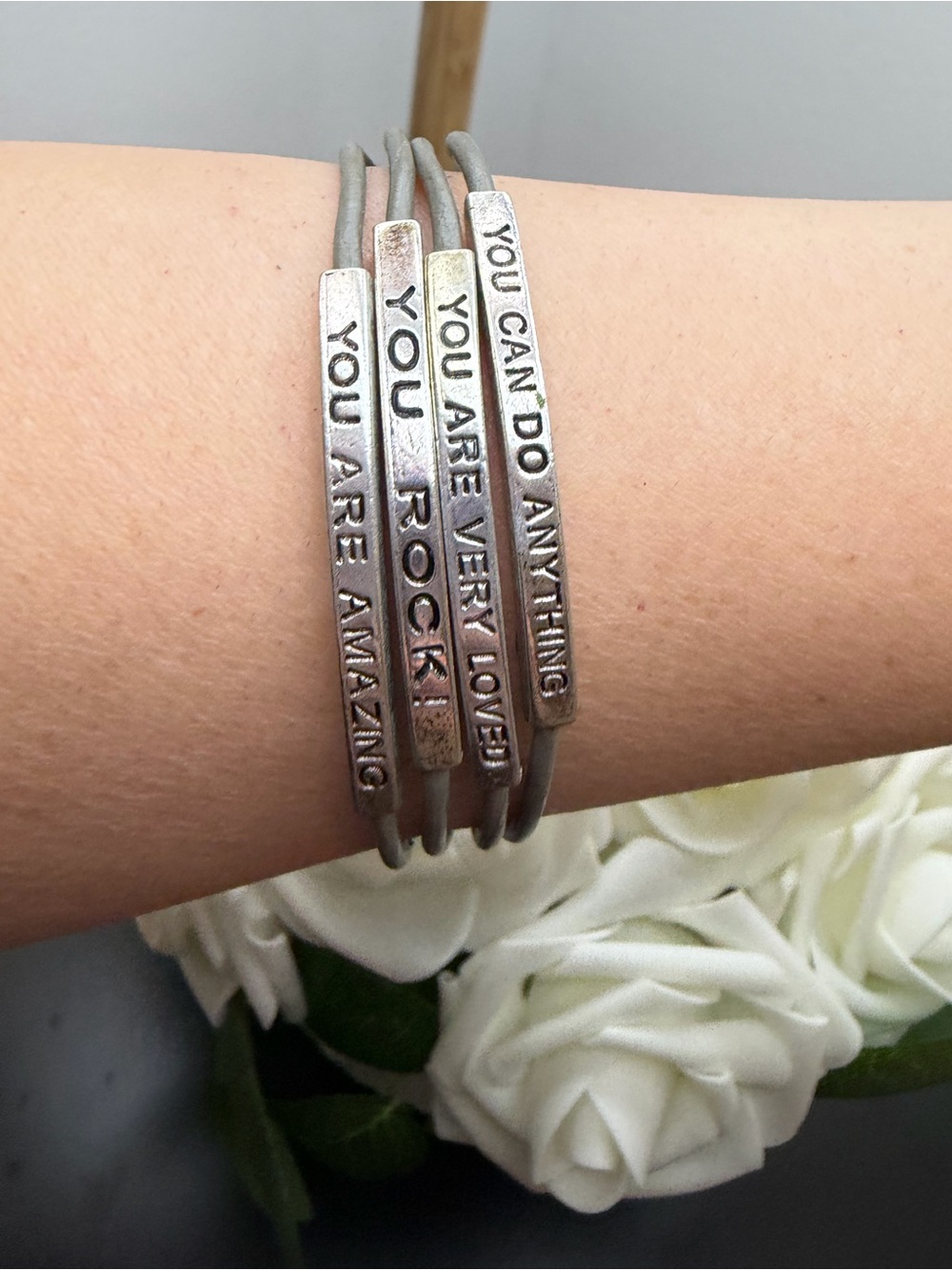 Inspirational Silver Tone Leather Wrap Bracelet Set - You Can Do Anything